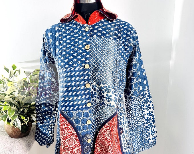 Blue and red color, new patchwork coat and jacket, long sleeve & hood jacket with 2 pocket ,wear in winter, wear in her wedding, gift for hr