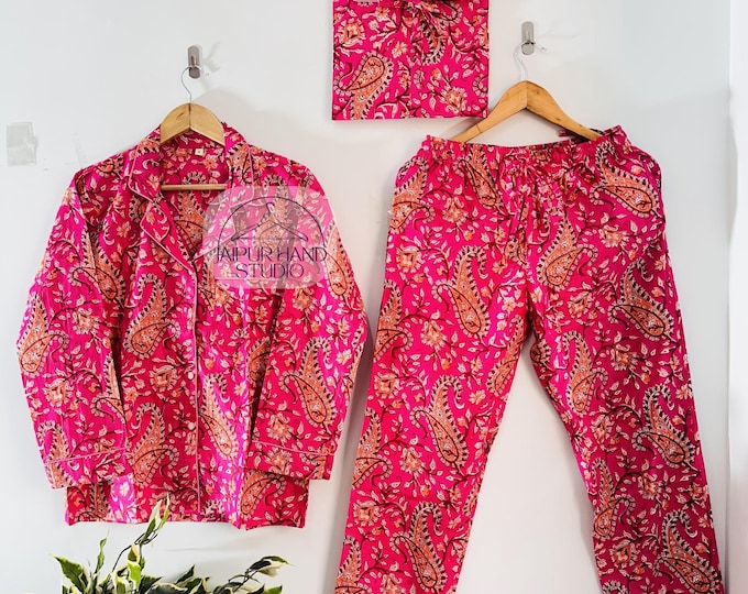 Pink color women night suit | 100 % cotton Pj set | unique design pajama set | beautiful color sleepwear Pj | Long sleeve Pj | Gift for her.