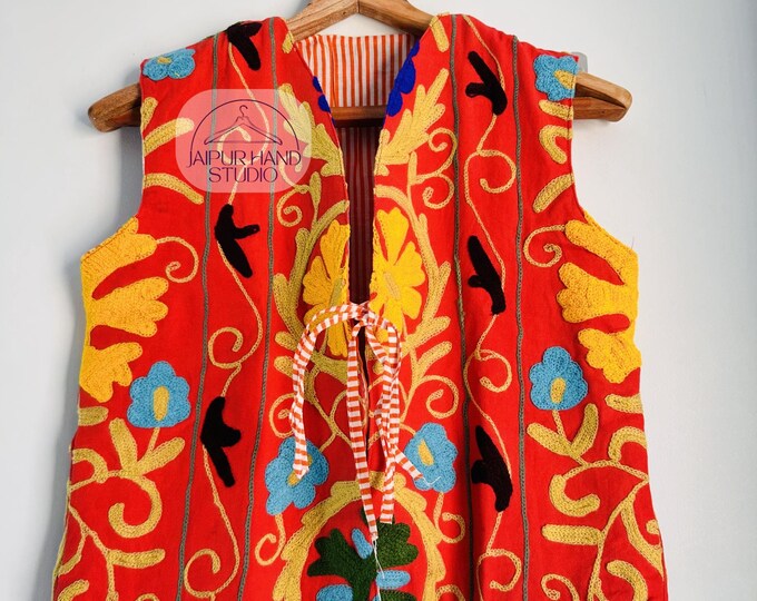 Indian handmade suzani Weist | Red and multicolor Weist | Niddle work Embroidery vests | women wear vests | Party wear vests | Gift for her.