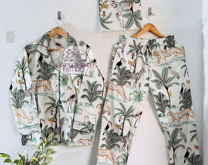 Jungle print cotton pajamas set| women cotton pajamas | Handmade stitched pajamas | summer wear Pj suit | long sleeve pajamas | Gift for her