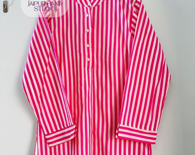 pink color and white striped fabric made kurta | women summer wear | beach wear suit | long sleeve kurta | night wear set | Gift for her.