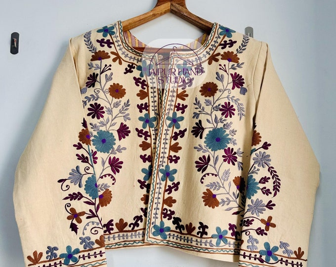 Beige color Floral Embroidery suzani jacket | Handmade stitched jacket | beautiful women wearing jacket| winter jacket | Gift for Christmas.
