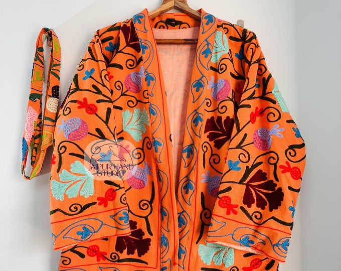 Suzani short kimono robe | women wear suzani jacket | party wear short coat | Embroidery winter wear jacket | handmade coat | Gift for her.