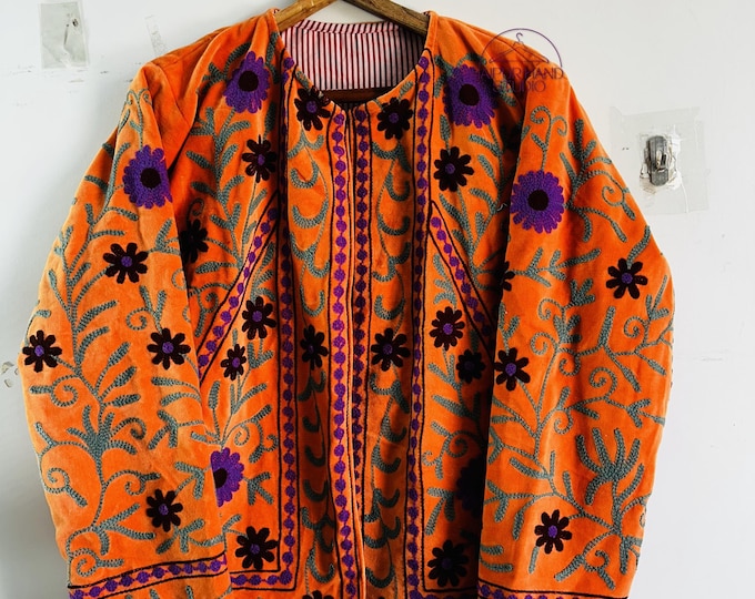 Orange color velvet suzani short coat | Beautiful thread embroidery suzani jacket | Party wear jacket | Bridesmaid jacket | Gift for her.