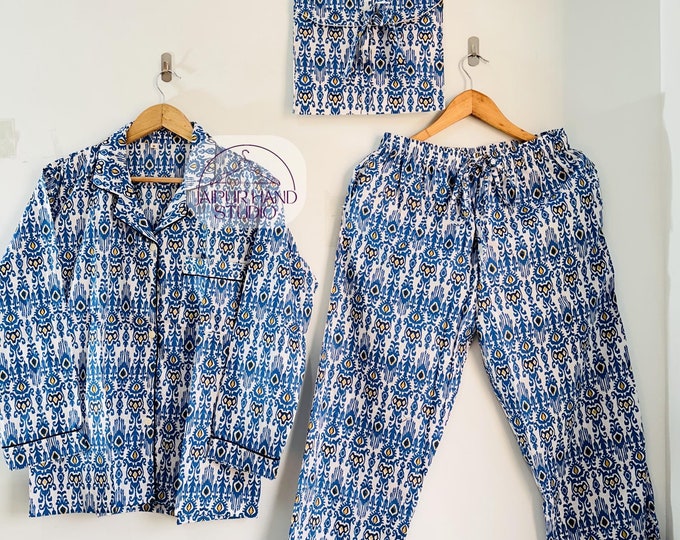 white and blue color Pj set | Hand block print pajamas | women night suit | Beach wear pajamas | Long sleeve Pj set | Gift for Christmas.