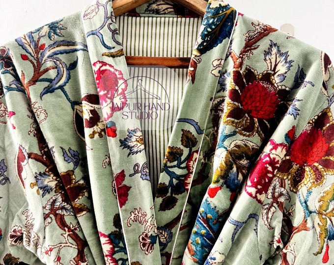 100% Cotton Velvet beautifully printed kimonos/ Robe/ Lounge Wear- green The red floral robe! Indian Velvet Kimono Robe, Long Dressing gift.