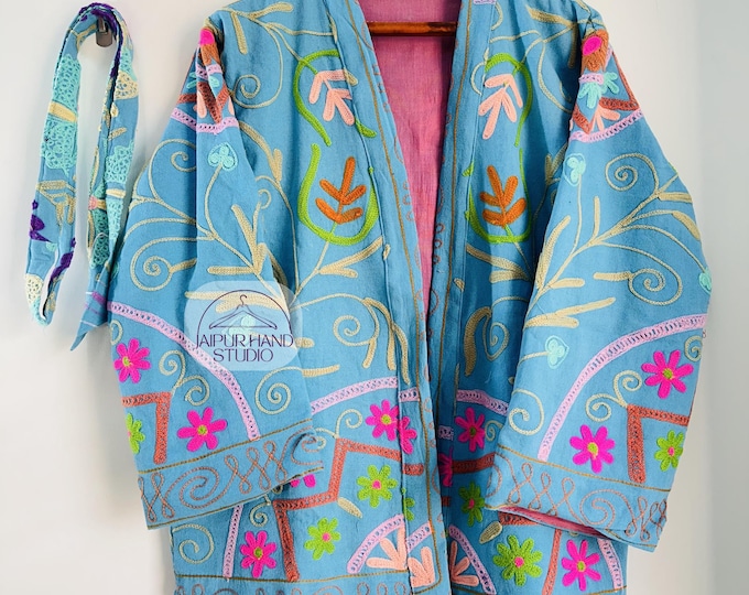 Blue color Embroidery short jacket | Beautiful color robe | suzani made short jacket | party wear robe | outdoor jacket | Gift for Christmas