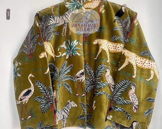 Green jungle print Luxury cotton velvet jacket for women's | party jackets | wear in your home | wear in her friend's wedding | Gift for her