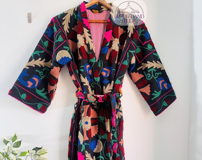 Floral niddle work Embroidery kimono | Handmade stitched robe | winter wear long coat | Bridesmaid suzani kimono robe | Gift for Christmas.