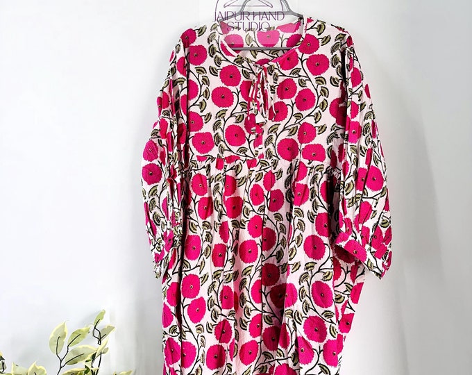 Floral Summer Dress with long Sleeves, organic cotton Midi Dress, Vacation Beach Dress, Romantic CottageCare Dress, Gift for her gf