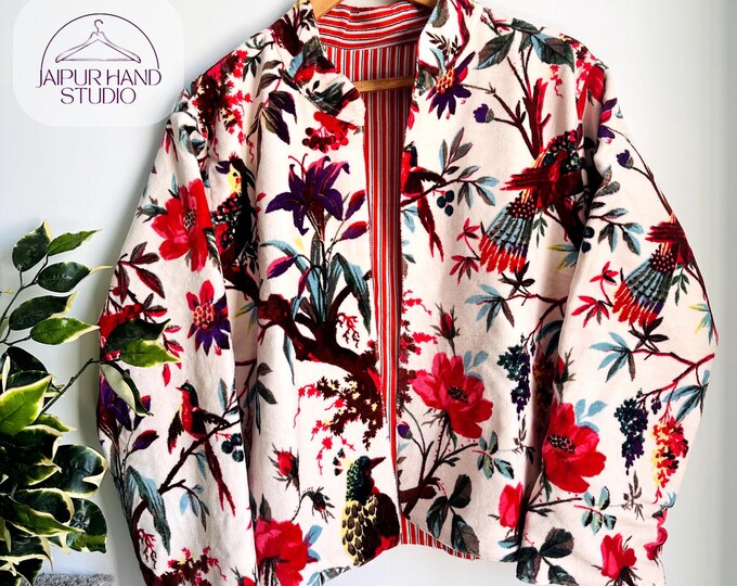 Indian cotton velvet fabric made jackets | floral print jacket | winter jackets | short velvet kimono | women's wear short jacket |