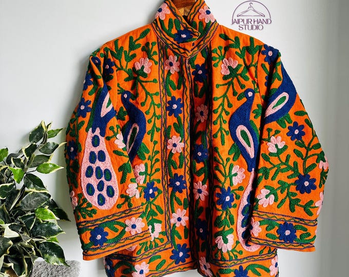 Beautiful peacock Embroidery jacket | Handmade suzani winter coat | Party wear jackets | Long sleeve coat | Bridesmaid jacket | Gift for her