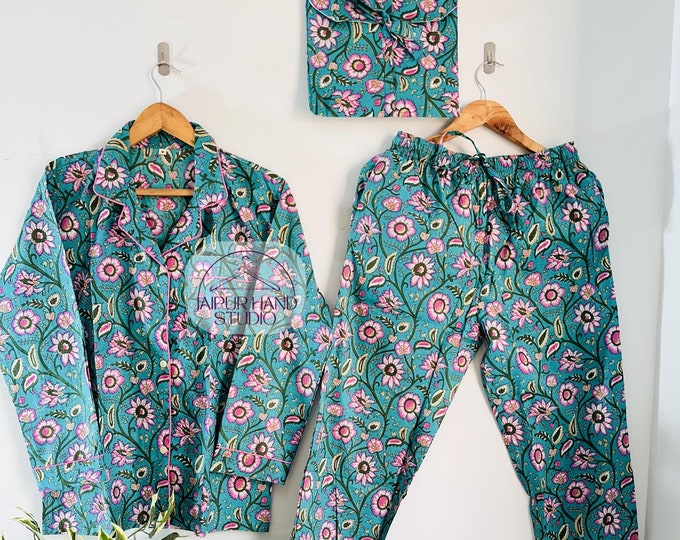 Floral block print cotton night suit| women wear suit | (BEAUTIFUL) print Pj | Bridesmaid pajamas| Handmade cotton pj set | Gift for her.