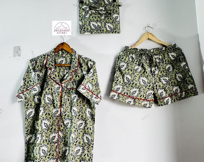 100 % pure block print cotton PJ set | Handmade short pajamas | Women wear short Night suit | Bridesmaid short PJ set | Gift for Christmas.