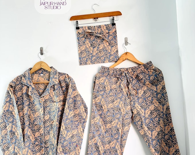 Indian BlockPrint Cotton Pajama Set, Pure Cotton PJ Set, Party Wear Pant Shirt With Bag, Flower Print Long Night Set, Sleepwear Suit for her