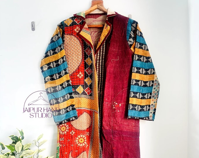 multicolor coat, Assorted pattern jacket, Indian vintage kantha fabric made, Indian hand made stitches, vintage kantha kimono bath robe .