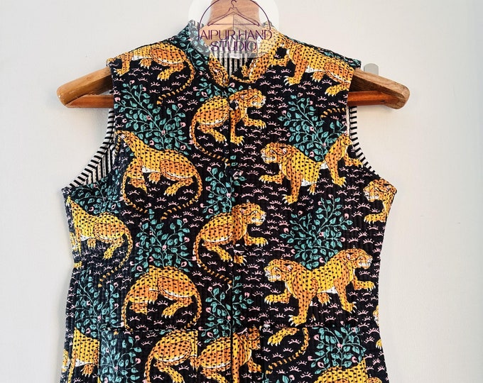 Tiger prints Quilted fabric vest | women wear vest | Handmade stitched vest | sleeve less jacket | wedding wear vest | Gift for Christmas.