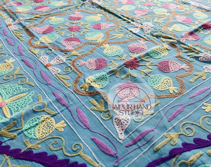 Blue color embroidery bedspread | beautiful multicolor suzani bedsheet | handmade embroidery table cover | Antique Look table cover.