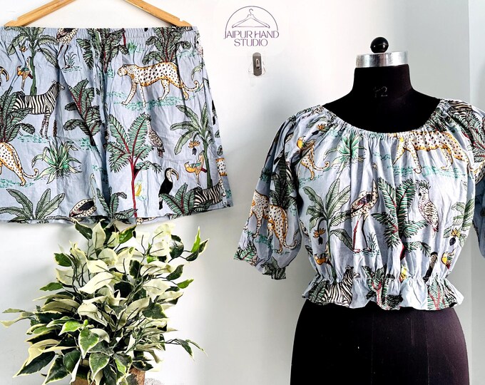 Jungle Print Sumeer Dress Women Wear Top And Shorts Set Indian Women Dress For Hand Made  Bohemian Boho Hippie Gifts Dress Hand Block Print