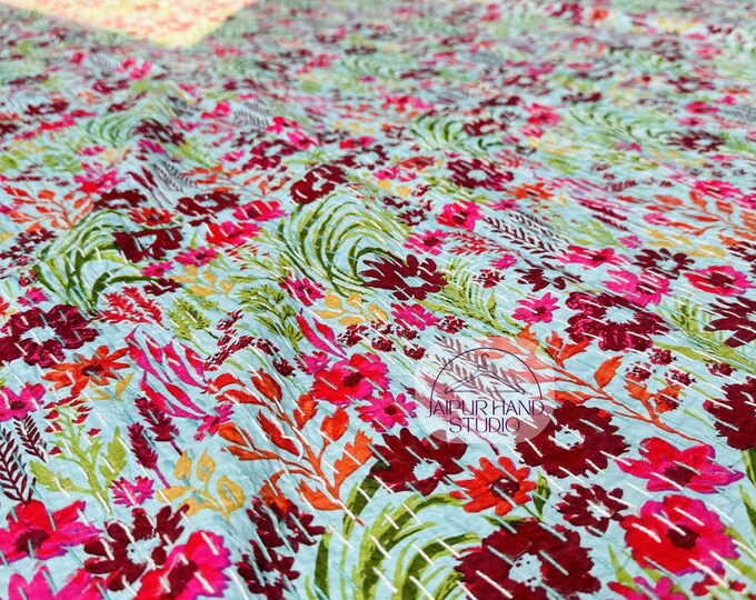 Cotton stitching kantha bedsheet | Floral block print bedspread | Queen size kantha throws | king size kantha throws | Gift for Christmas.