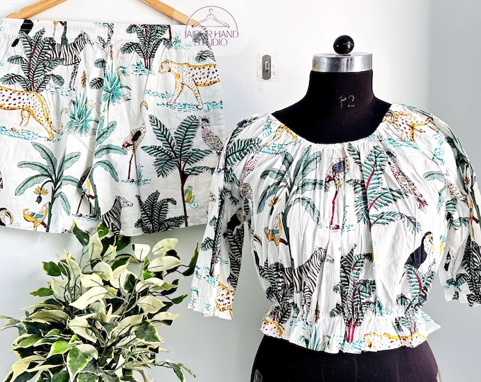 jungle hand block print, white color dress, Lastic top and shorts, half sleeve top, women's wear dress, gift for Christmas, gift for her