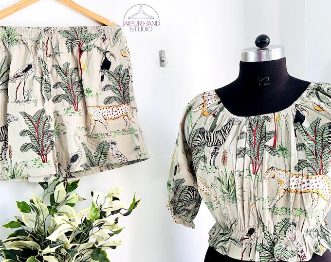 Beige color new jungle print, crop top and shorts set for summer wear and wear for  her wedding, Girt for Christmas, Gift for her girl