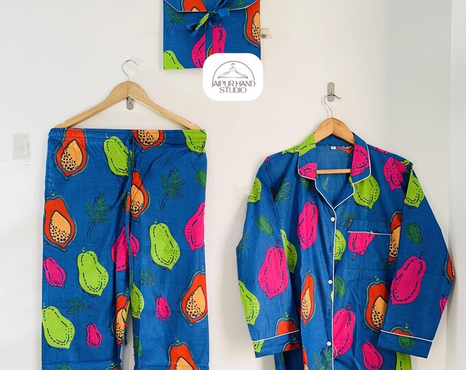 Fruits block print cotton night suit | Women sleepwear | Cotton pajamas and shorts Pj set | Bridesmaid pajamas set | Gift for Christmas.