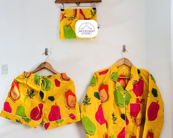 Fruits block print short night suit | Women home wear pajamas | soft cotton shorts and shirt | Bridesmaid pajamas | Gift for Christmas.