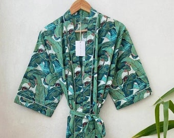 Leaf Print Pure Cotton Indian Block printed House Robe Summer Kimono | Floral Beach Coverup/Comfy Maternity Spring Oriental Beauty kimono