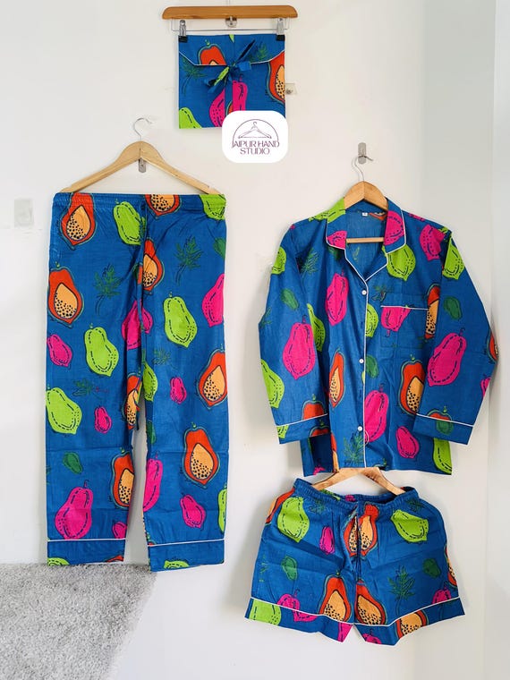 Fruits block print cotton night suit | Women sleepwear | Cotton pajamas and shorts Pj set | Bridesmaid pajamas set | Gift for Christmas.