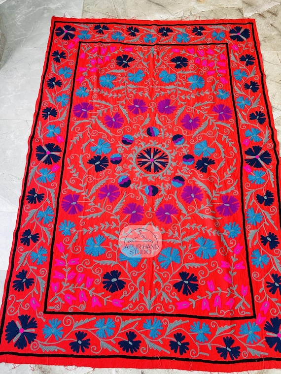 Red color Embroidery blanket | Niddle work suzani bedcover | suzani table cover | Uzbek king size throws | suzani bedsheet | Gift for her.