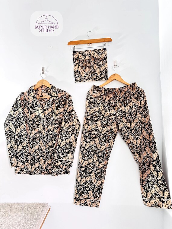 Soft cotton pajamas set | cotton shirt and pajama | brown and black color Pj set | women's wear suit | Night wear suit | Gift for her girl.