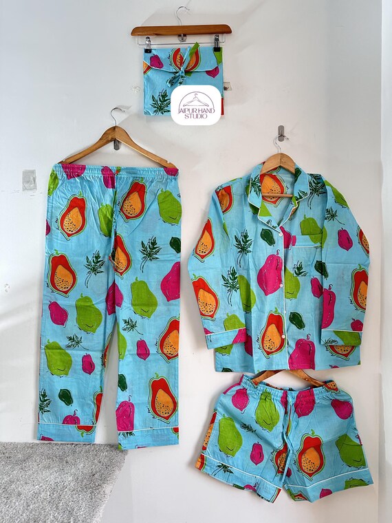 Blue color cotton pajama and shorts Pj set | Women wear night suit | Long sleeve pajamas | Bridesmaid pajamas | Gift for Christmas.