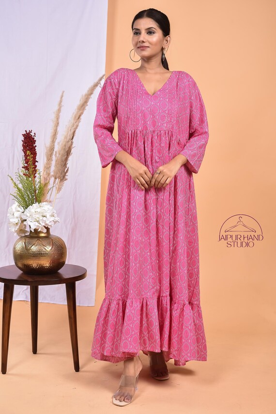 Pink color light weight gown | Women block print dress | Long sleeve dress | Party wear dress | Bridesmaid dress | Gift for Christmas.