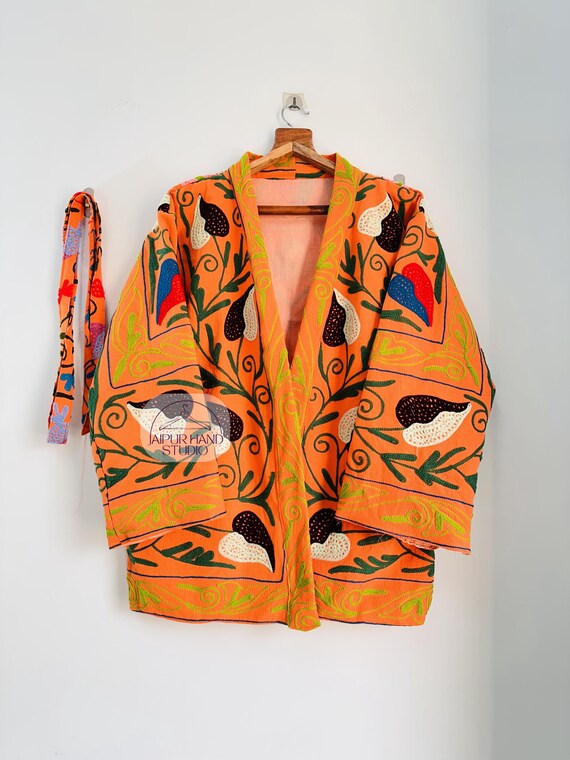 Orange color suzani short kimono| Boho women jacket | wedding wear coat | handmade stitched jacket | long sleeve short kimono | Gift for her