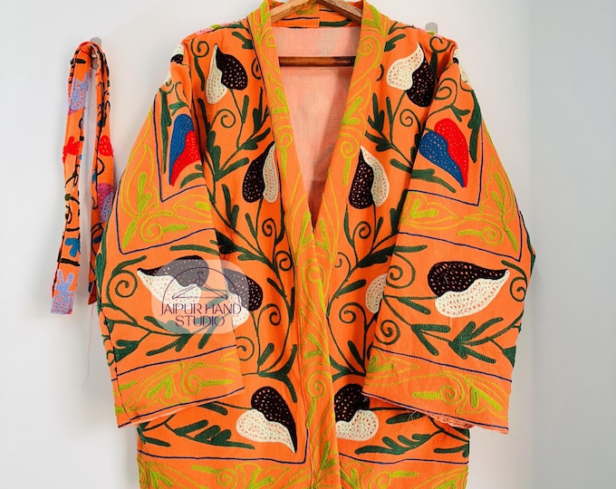 Orange color suzani short kimono| Boho women jacket | wedding wear coat | handmade stitched jacket | long sleeve short kimono | Gift for her