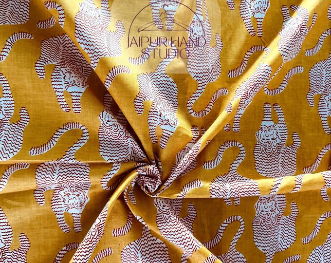 Yellow Tiger Printed Soft Cotton Fabric, Summer Ultra Light Weight, Indian Handmade Fabric By The Yard, Quilting Fabric