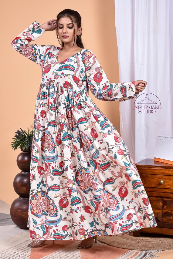 Hand Block Printed Midi Dress for Women | Summer wear Cotton Dress | Handmade wedding wear Dress | Bohemian cotton gown | Gift for Christmas