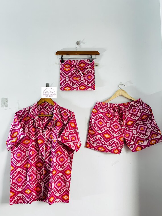 Ikat print cotton short and half sleeve shirt| Women wear short night suit| Hand block print short pajama | Bridesmaid pajama | Gift for her