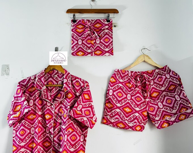 Ikat print cotton short and half sleeve shirt| Women wear short night suit| Hand block print short pajama | Bridesmaid pajama | Gift for her