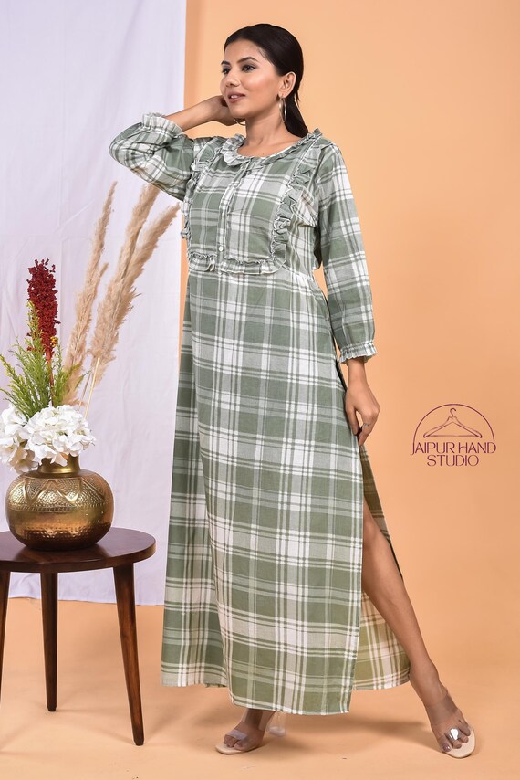Beautiful check print cotton long midi dress| Wedding wear dress | Summer wear gown | Handmade dress | Bridesmaid dress | Gift for Christmas
