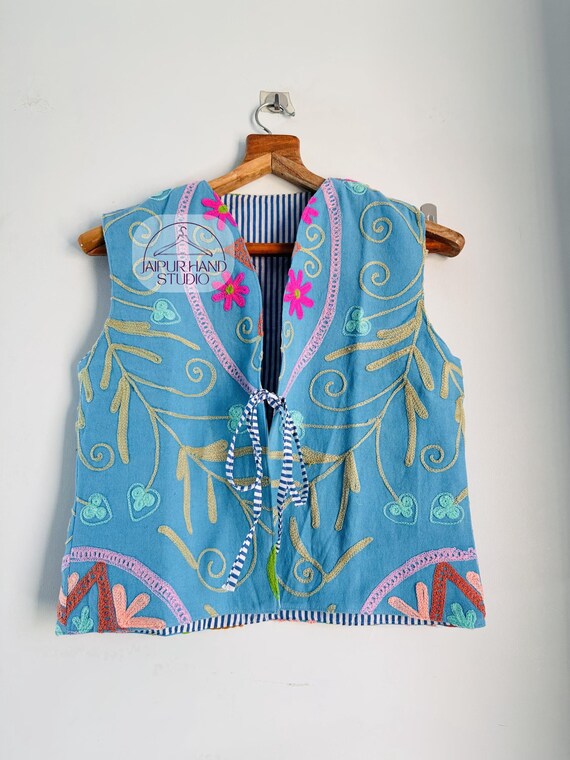 Blue color women Weist | Niddle work Embroidery vests | Sleeve less jacket | cotton suzani made Weist | Handmade stitched | Gift for her.