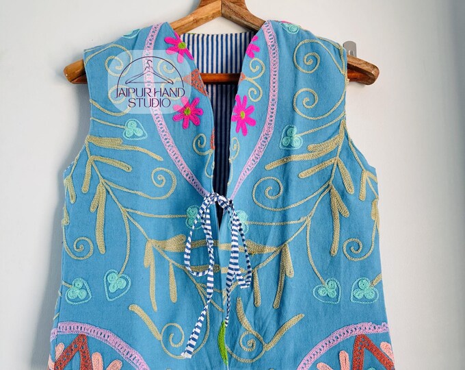 Blue color women Weist | Niddle work Embroidery vests | Sleeve less jacket | cotton suzani made Weist | Handmade stitched | Gift for her.