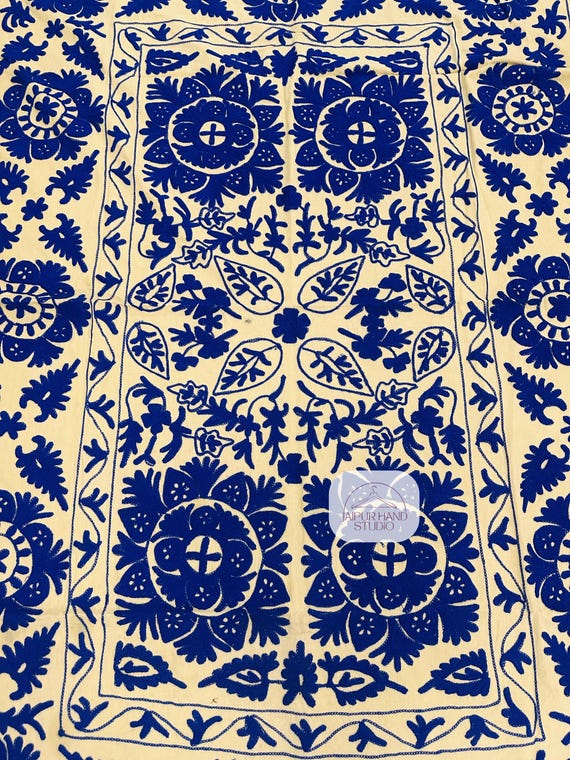 Beige and blue color cotton suzani blanket | Unique design suzani bedspread | Suzani wall hanging throws | Suzani tapestry | Gift for her.