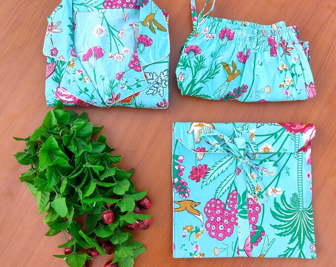 Bird Jungle  Print short Pajamas,Jungle Print Pure Cotton Pj’s, Pajamas Set ,Indian Cotton,Night Wear, Soft Cotton Night Suit- Gift For Her