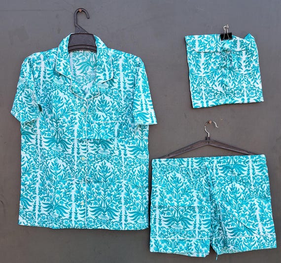 New Floral Print Pajama set, Nightwear Dress, Indian Hand Block Print Pj short, Loungewear, Women's Clothing, Gift For Her