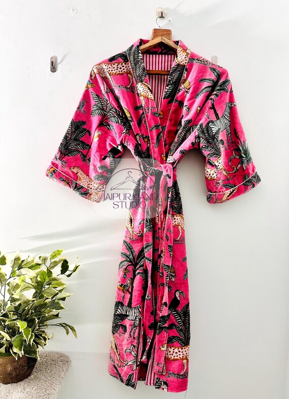pink Jungle Print Velvet Kimono Robes, Morning Tea Velvet Coat, Bridesmaid Robe, Women Wear Cotton Velvet robe, Velvet Jacket, Bridal Robe