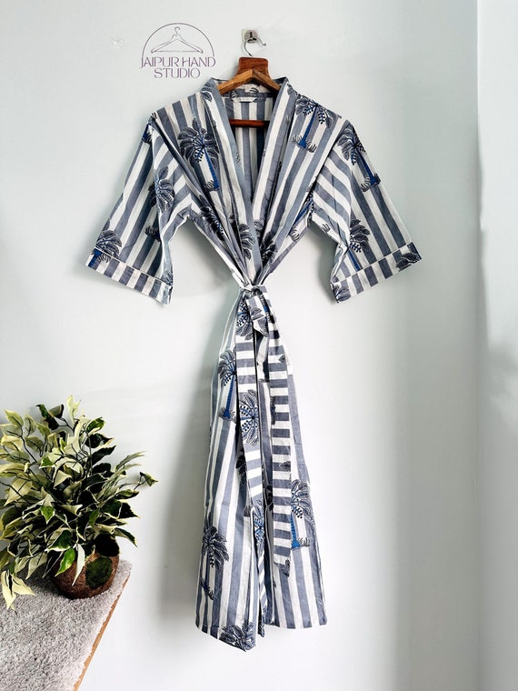 Pure Cotton Handprinted House Robe Summer Kimono | Floral Beach |Quirky Spring Peach Aqua Yellow Boho Oriental Abstract Festival hand made.