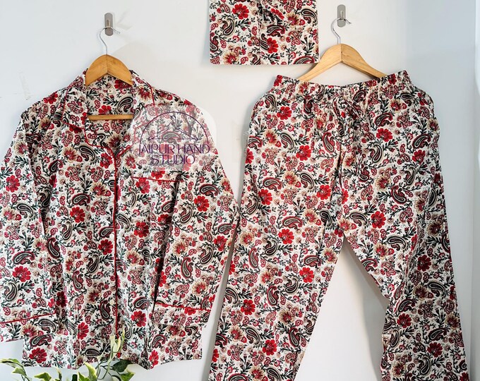 Red floral women wear pajamas set | Beautiful color and print pajamas | Bridesmaid pajamas | women wear night suit |Gift for Christmas.