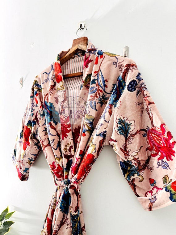 Indian Long Velvet Bathrobe Kimono, floral Print Women Wear bathrobe Velvet Kimono Dress, Unisex Velvet Robe Luxurious Bathrobes for Women.